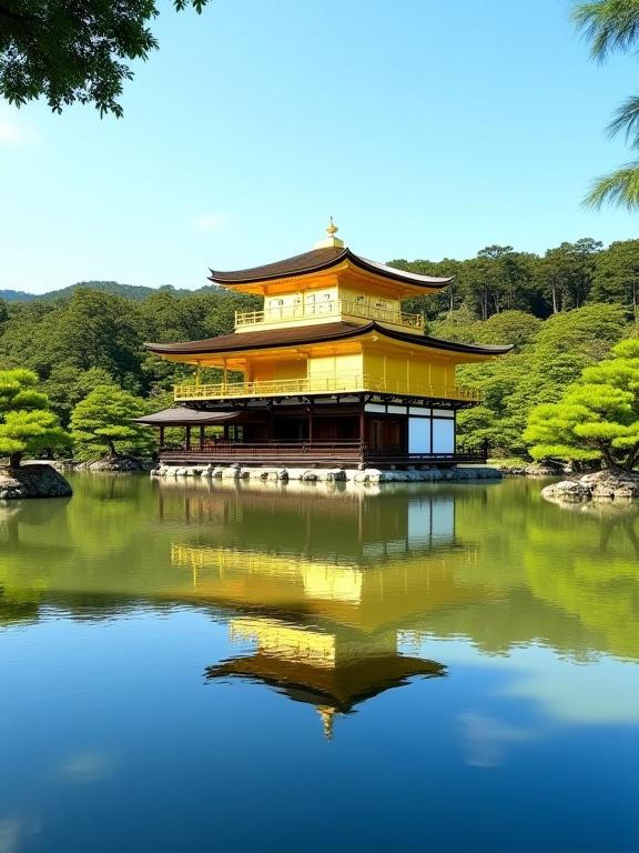 The Golden Pavilion (Kinkaku-ji) reflected perfectly in the surrounding pond in Kyoto.