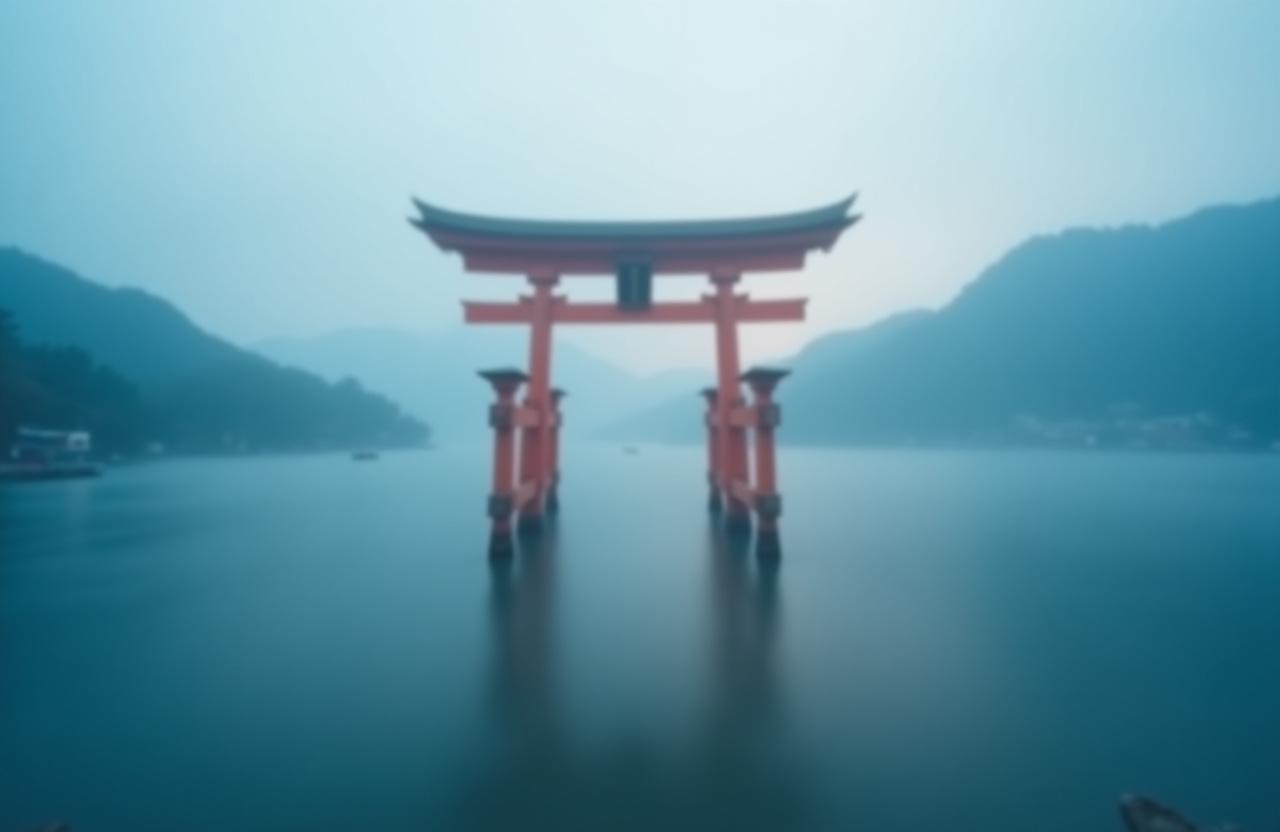 Misty morning at the Itsukushima Shrine floating torii gate in Miyajima, Japan.